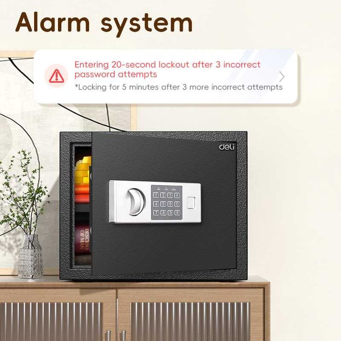 Сейф DELI ET523 электронный замок+ключ, черный, 300х380х300 мм, 9 кг