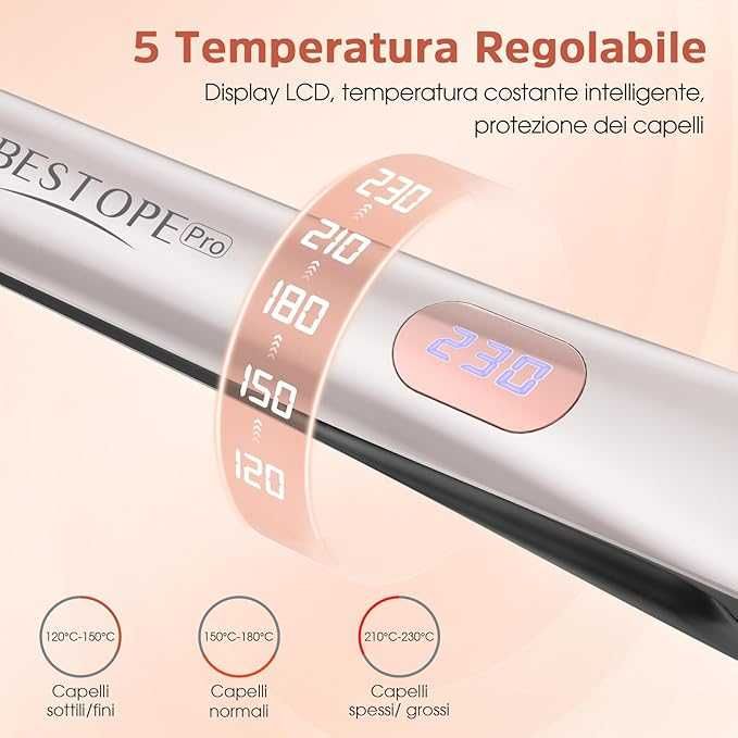 Преса за коса BESTOPE PRO, керамична , LCD , 120-230°C, 2-In-1 цвят шампанско