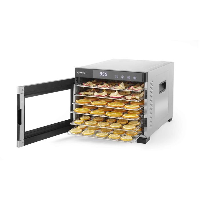 Deshidrator alimente Hendi Profi Line, 550 W, 6 tavi inox, temperatura reglabila 35-75°C, Gri, timer, panou de control digital