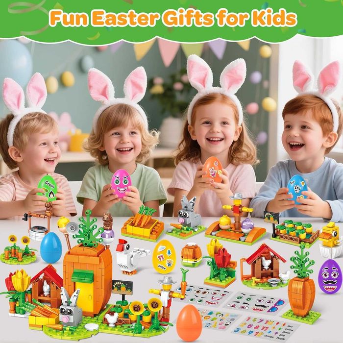 MOONTOY 12 великденски яйца,12 играчки-строителни блокчета и 4 стикера