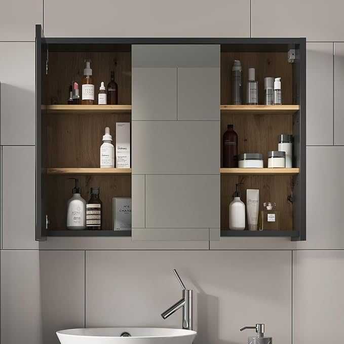 Огледален шкаф за баня Vicco Viola, антрацит/дъб, 100 x 75 см