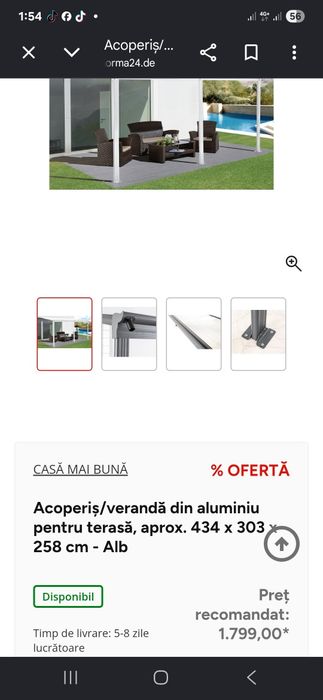 Acoperiș/verandă din aluminiu pentru terasă, aprox. 434 x 303 x 258 cm - Alb