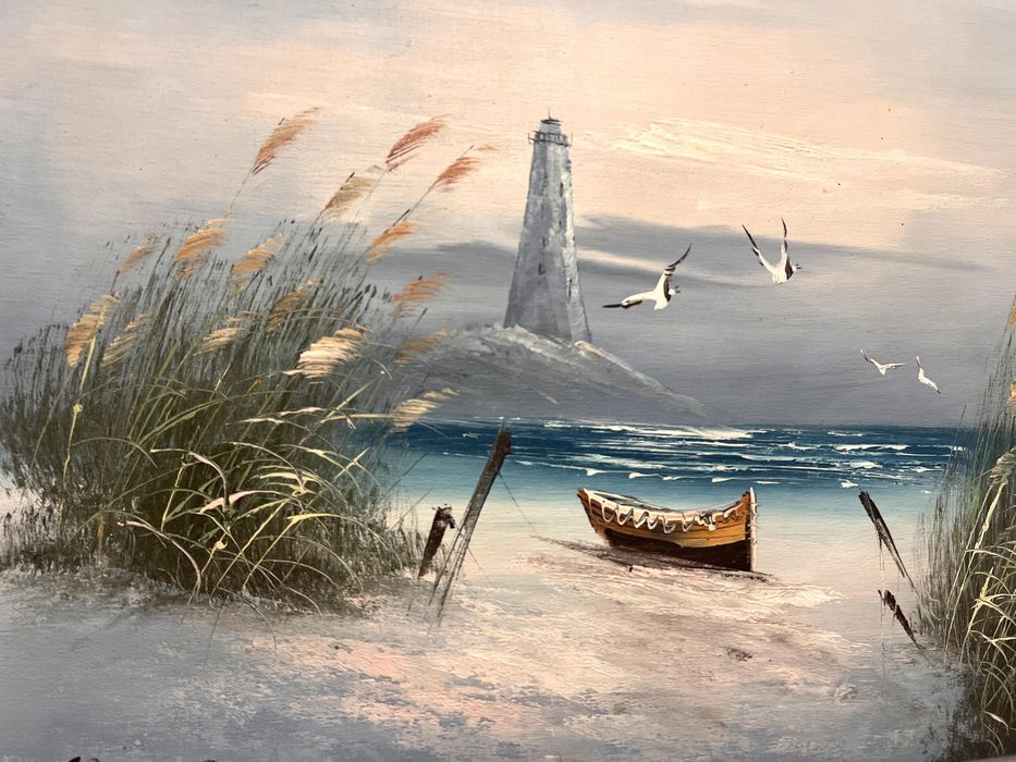 Pictura in ulei pe panza ce reprezinta o atmosferă de coastă liniștită, culori calde de apus