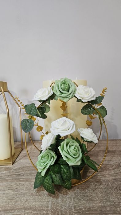 Сватбена украса в златно, зелено и бяло
