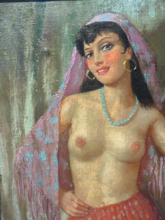 *DANSATOARE NUD* Tablou f vechi, ulei/panza, sem ifj CZENE BELA