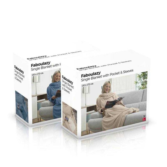 Patura cu maneci si buzunar, moale calduroasa, bej/albastru 130x170 cm