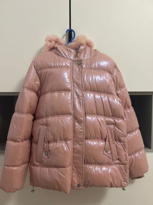 Geacă de iarnă roz sidefat cu sclipici 158/164