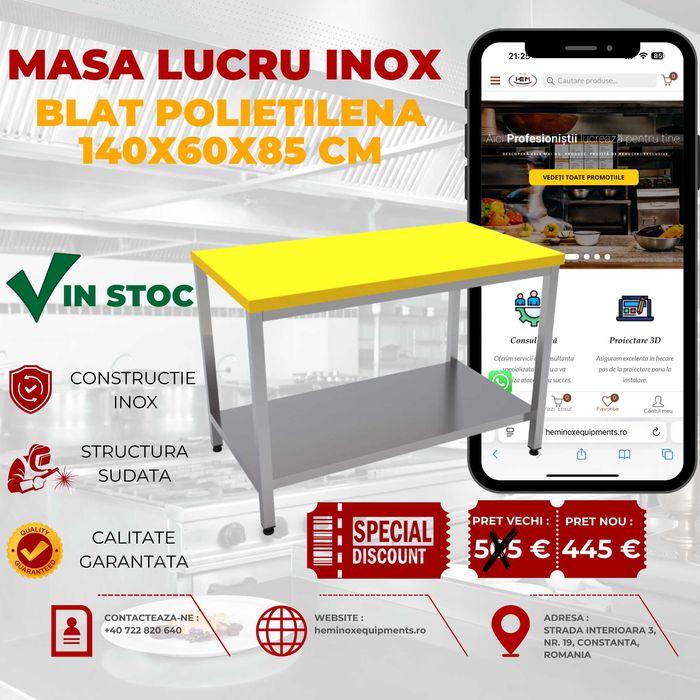 Masa De Lucru Inox Cu O Polita Jos si Blat Polietilena În Stoc