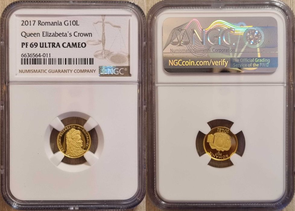 Moneda istoria aurului BNR Coroana reginei Elisabeta gradata NGC PF 69