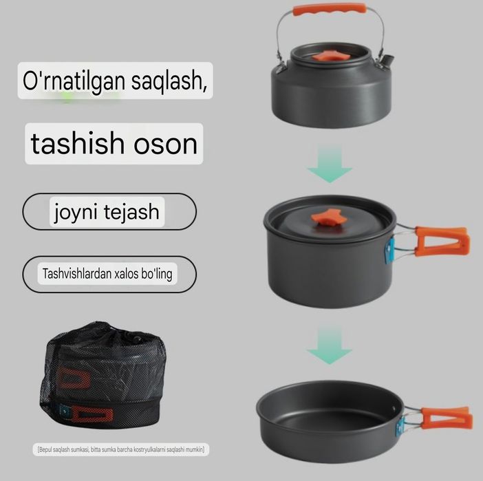 Sayohat uchun sfatli qozon, choynak, skavarodkalar. Посуда для кемпинг
