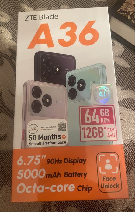 смартфон новый ZTE Blade А36 4 ГБ/64 ГБ черный; в упаковке; запечатанн