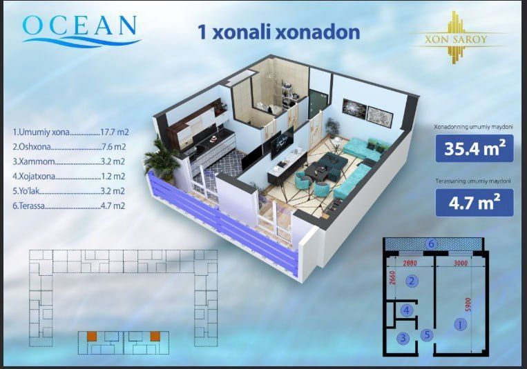 Xonsaroy Saroyning "Ocean" loyihasi 1 xonalik kvartira sotiladi