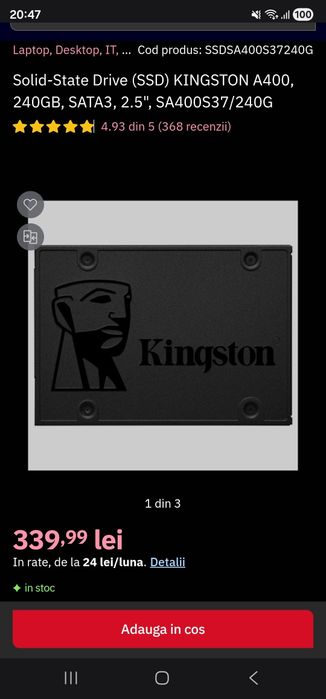 Vând SSD Kingston A400, 240GB, Sata 3