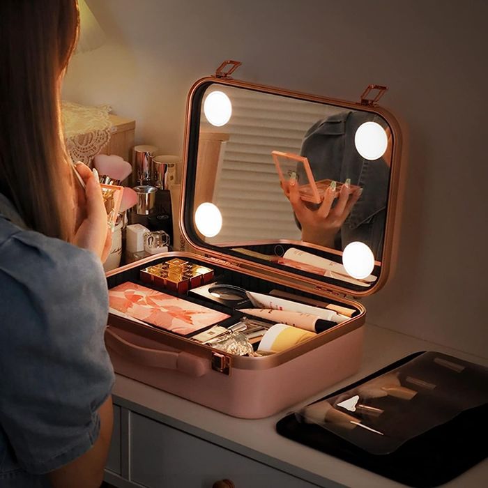 Уникална кутия за грим твърда розова бяла с огледало козметика