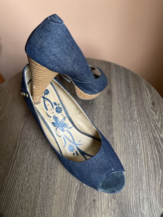 Pantofi cu toc, din material denim