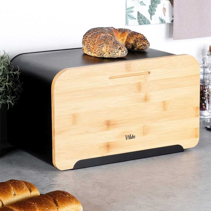 Кутия за хляб, изработена от метал, бамбукова дъска, модерен дизайн