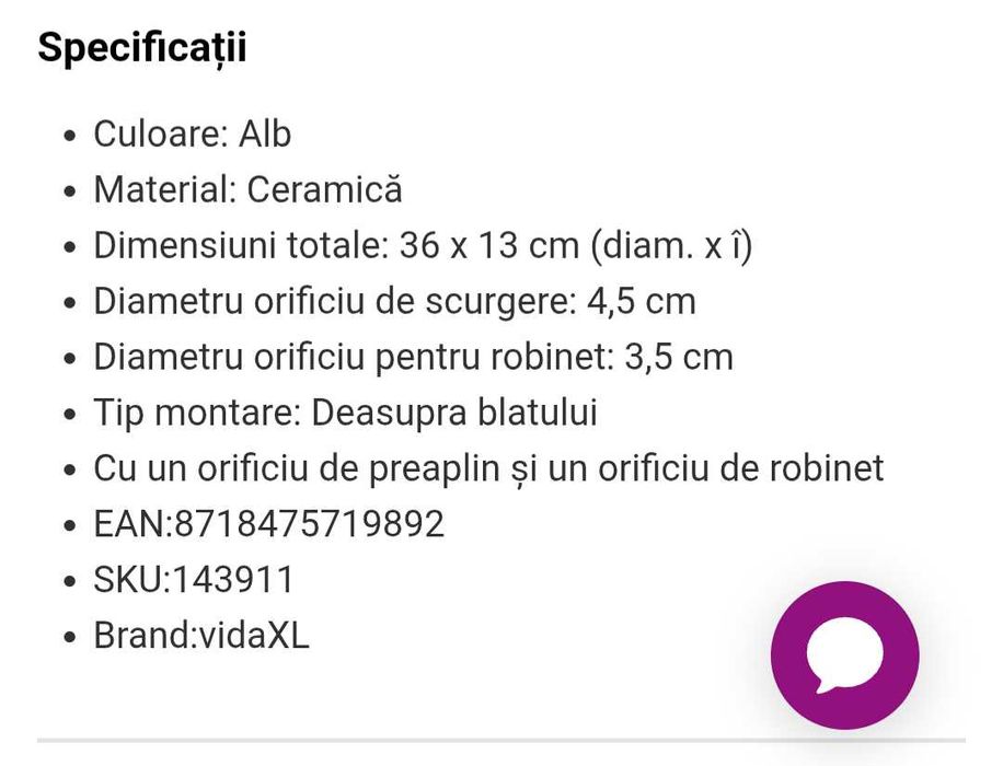 Lavoar baie / Chiuveta rotunda  36x13 cm, ceramică