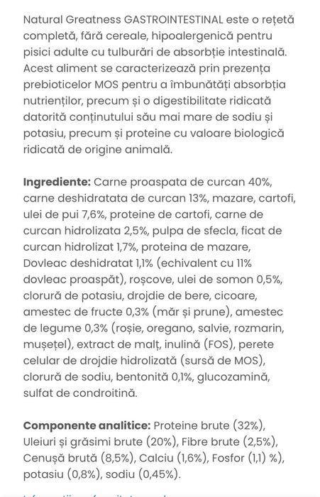 Natura greatness gastrointestinal pt pisici