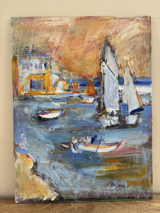 Tablou marin cu bărci și veliere, pictură originală acril pe pânză panel, 30 × 40 cm, artă modernă