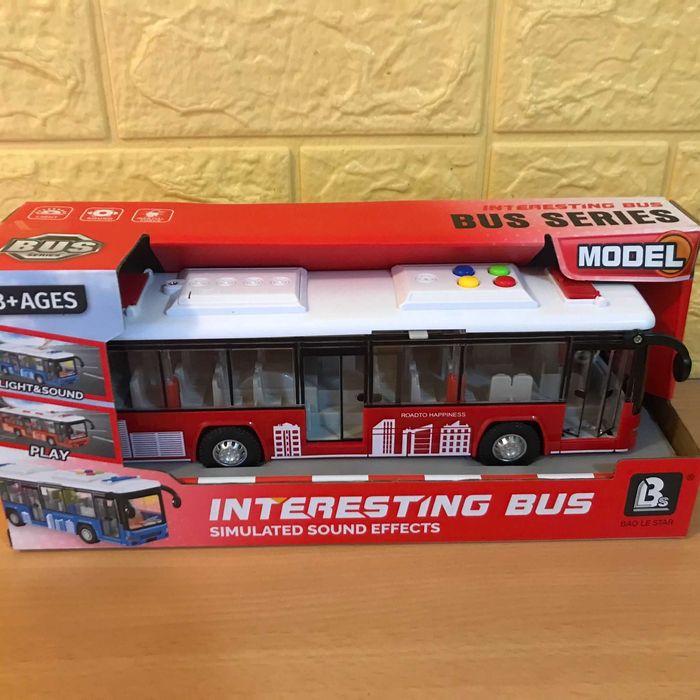 Jucarie Autobuz urban cu lumini, sunete, deschidere usi, 28 cm, rosu