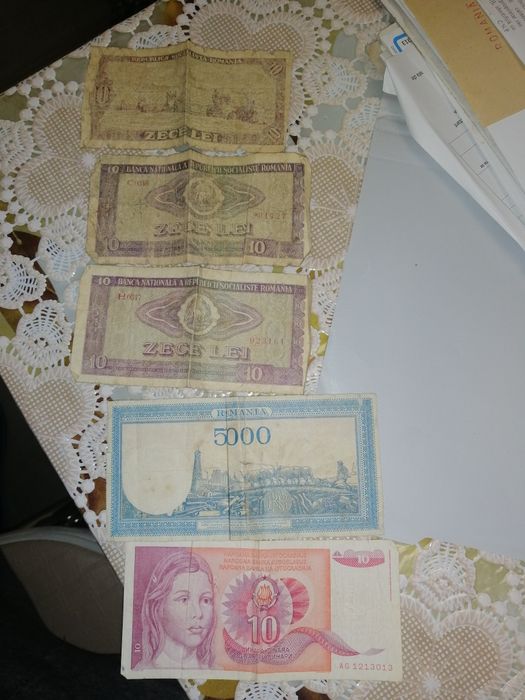 1Moneda, 1000 lei.bacnode de. 10lei. 5000 mii lei. 10 dinara.