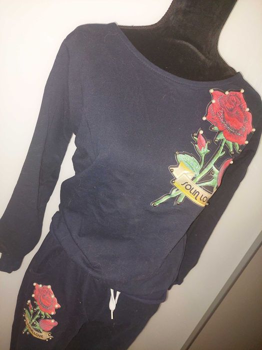 Set sport casă stradă compleu imprimeu trandafir floral cu perlute