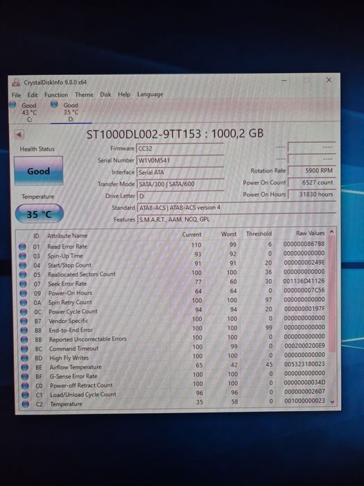 HDD Seagate 1 ТБ - рабочий, SMART Good