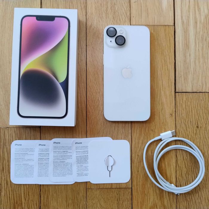 Apple iPhone 14, 128GB, Starlight, като нов + 12 бр. кейсове + 5 бр. протектори за екран
