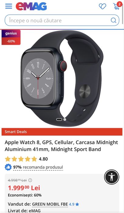 MDM vinde: Apple Watch Seria 8 Cellular 41mm Midnight.