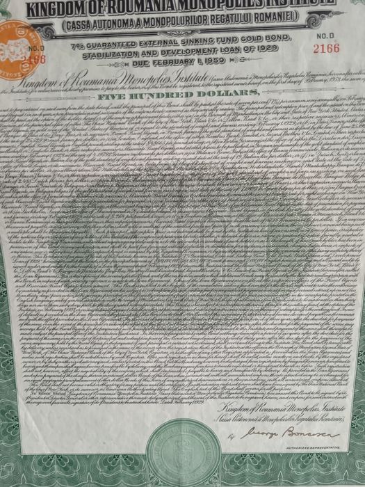 $500 Dolar Aur 1929 Romania Titlu de Stat Obligatiune neincasata la purtator cu cupoane dobanda