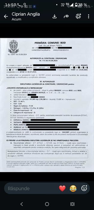 Proprietar, vand teren intravilan 378mp intre Simpetru si Bod, str. Ieremia Movila