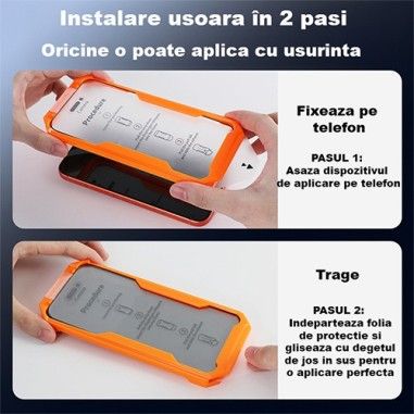 Folie Telefon Privacy iPhone 15 Pro Max, HEYBINGO, E-SNAP, Cu Kit de Aplicare si Functie Automata de Indepartare a Prafului