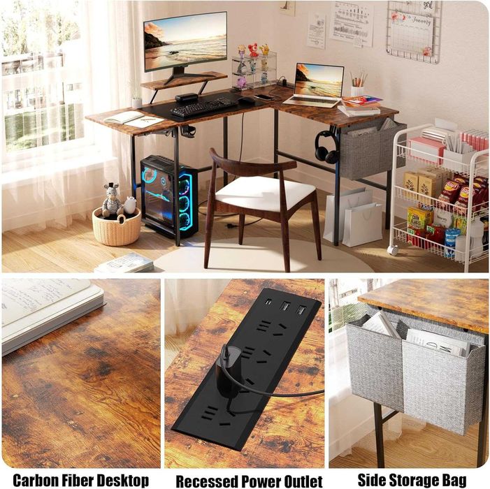 Birou gaming in forma de L, extensibil 120–150 cm, reversibil, cu lumini LED RGB, prize si incarcare USB, culoare maro