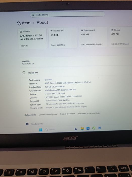 Laptop aspire  3 15   16 gb ram ddr 5  ryzen 5