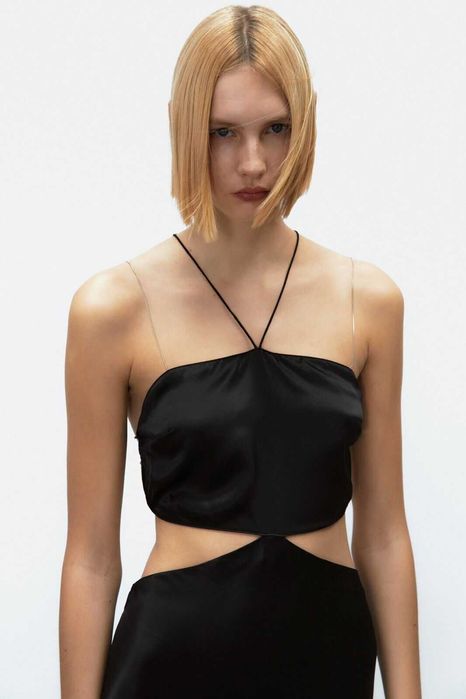 Zara rochie lunga 100% matase naturala neagra decupata spate gol lant