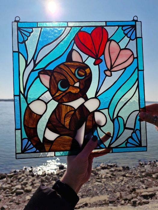 Vitraliu pisică cu baloane