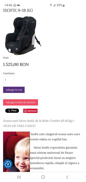 Scaun auto ISOFIX Bebe Confort ISEOS Raspberry Red, 9-18 kg, Rosu