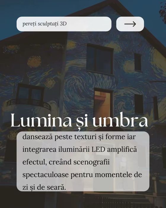 Pereți pictați și sculptați 3D, luna, butaforie, lumini, arta murala