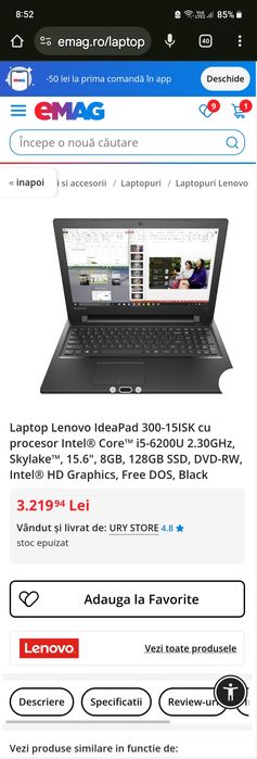 Laptop Lenovo ideapad 300-15ISK ,procesor i7 6500u
