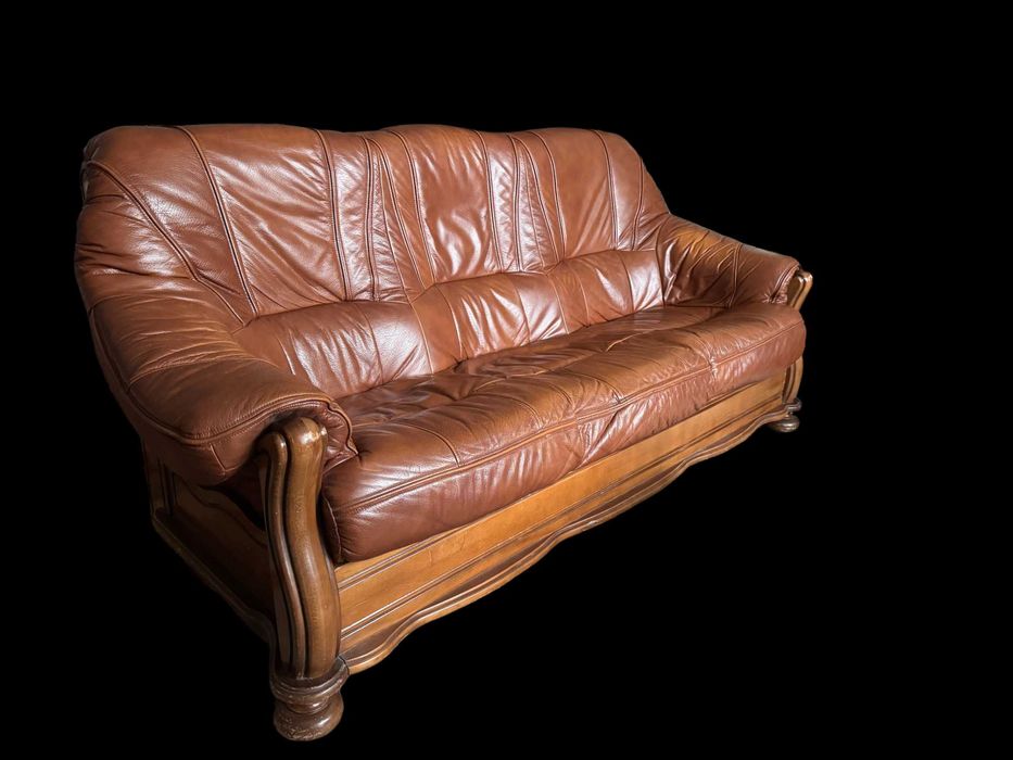 Set canapea + 2 fotolii din piele naturală și lemn masiv, stil clasic, foarte confortabil