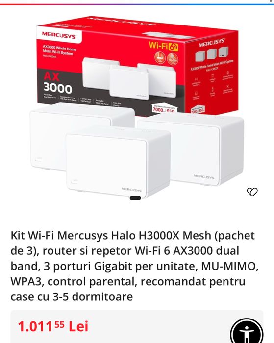 Kit Wi-Fi Mercusys Halo H3000X Mesh (pachet de 3), router si repetor Wi-Fi 6