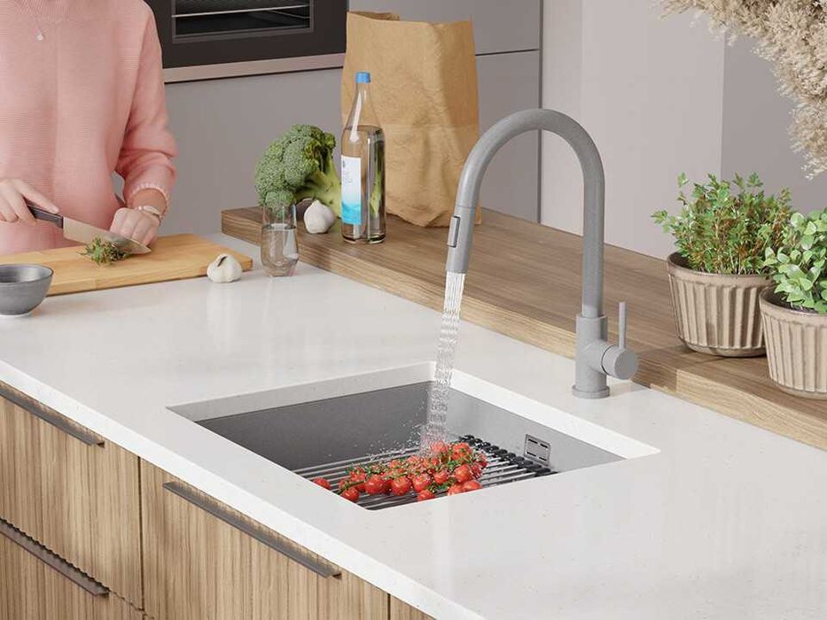 Сив кухненска мивка за вграждане под плот Прага 60 Level 560 x 470 мм