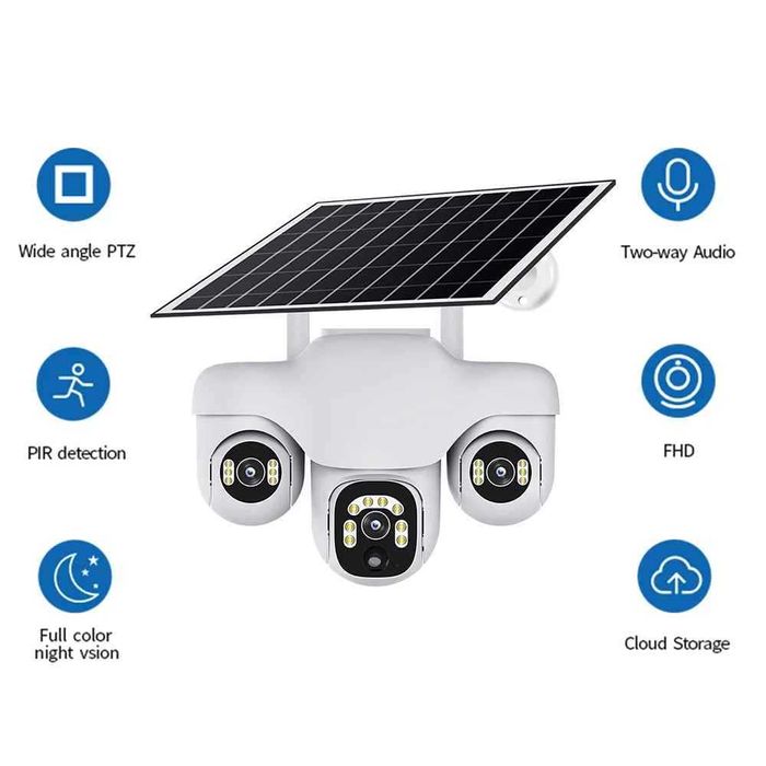 12 MP 3-обективна PTZ соларна камера с нощно виждане, разпознаване на хора, LTE 4G или WIFI карта памет и двупосочно аудио