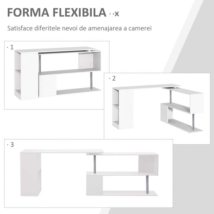 Birou Modern Forma Flexibila , 360 grade , Alb/Negru , HOMCOM