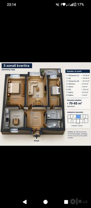 3 xonali kv sotiladi