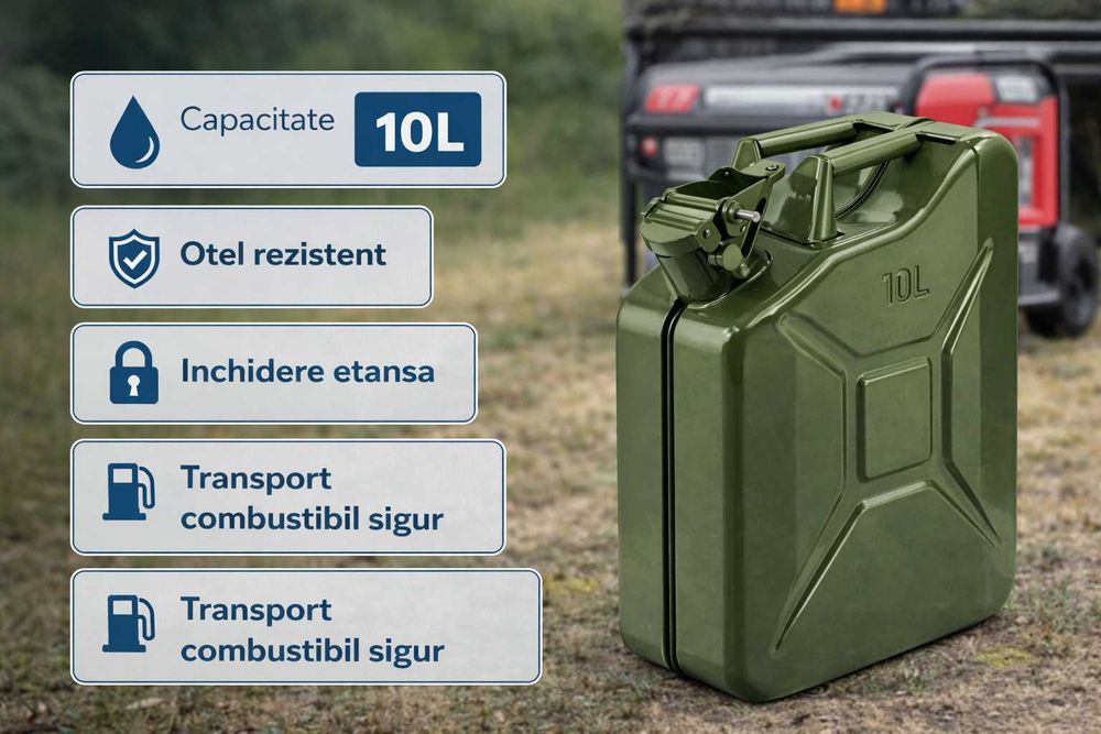Canistra metalica combustibil 10L verde rezistenta benzina motorina