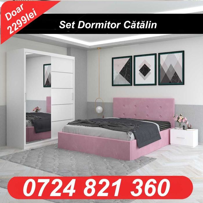 De vanzare Set mobila dormitor,Pat tapitat, Dormitor complet, Dressing