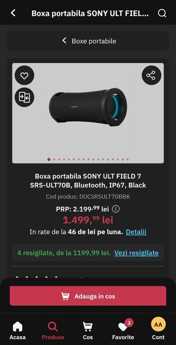 Boxa portabila Sony ULT FIELD 7, Ultimate Deep BASS Bluetooth 5.2  Rezistenta la apa IP67 Iluminare LED Intrare microfon Auton 30ore  Negru srs-ult70b