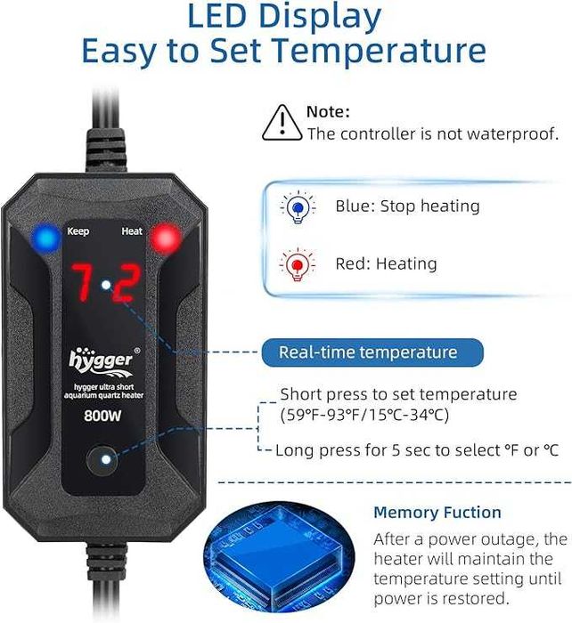 hygger 100W кварцов нагревател за аквариум с LED дигитален дисплей