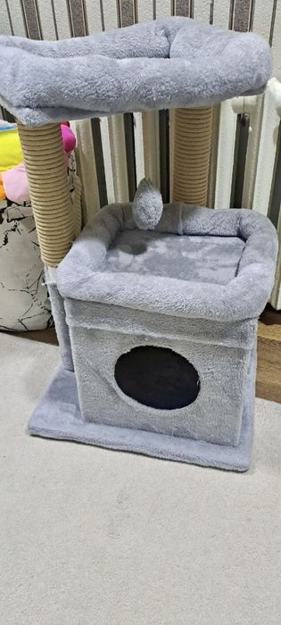 кошачий домик, картина, мебель, газ плита и холодильник